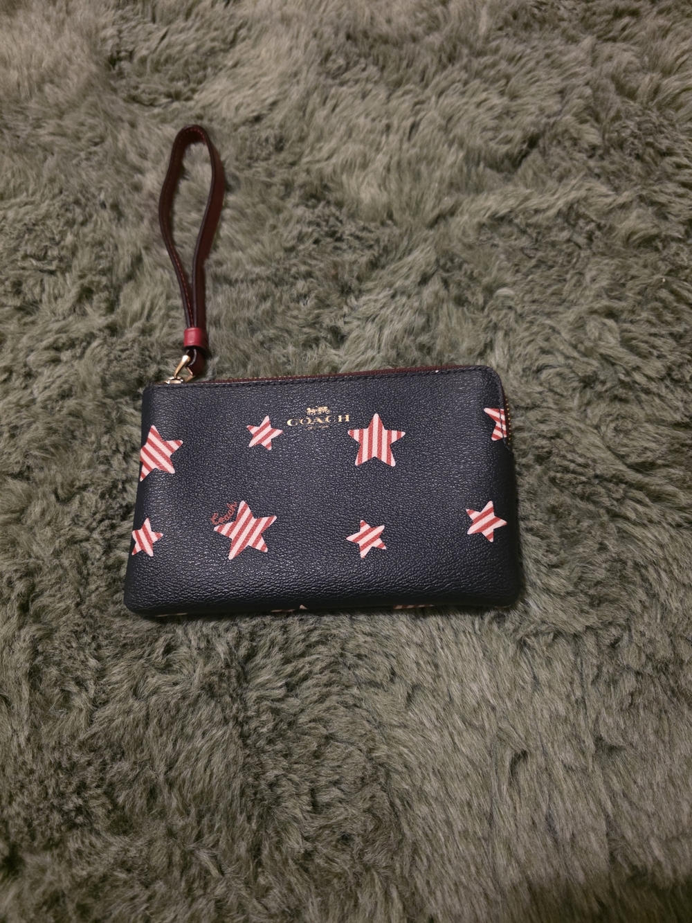 Coach Black Leather Wristlet with Red and White Striped Stars